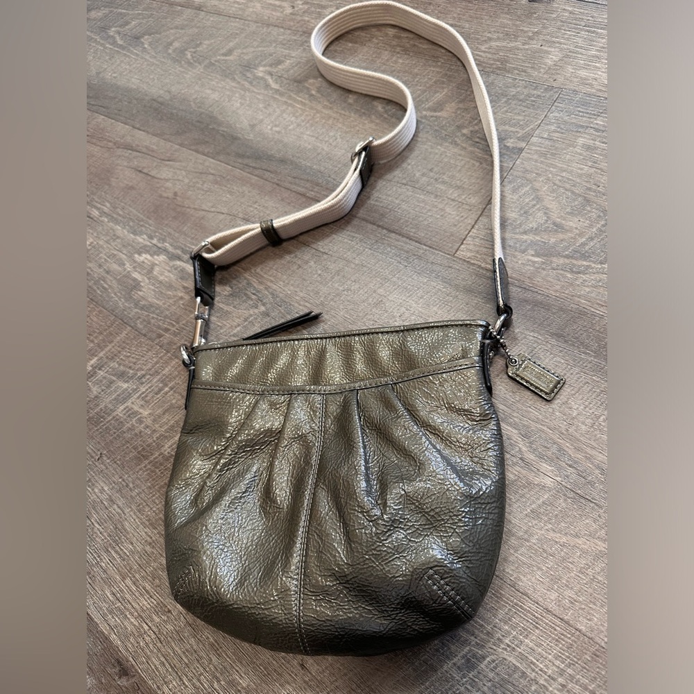 Coach Patent Leather Metallic Grey Crossbody w/ Canvas Straps & Turquoise Lining